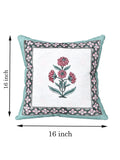 BLOCKS OF INDIA Hand Block Printed Cotton Linen Cushion Cover (40 x 40 cm) (Sea Green Motifs)