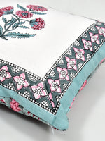 BLOCKS OF INDIA Hand Block Printed Cotton Linen Cushion Cover (40 x 40 cm) (Sea Green Motifs)