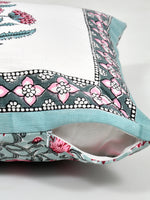 BLOCKS OF INDIA Hand Block Printed Cotton Linen Cushion Cover (40 x 40 cm) (Sea Green Motifs)