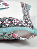 BLOCKS OF INDIA Hand Block Printed Cotton Linen Cushion Cover (40 x 40 cm) (Sea Green Motifs)