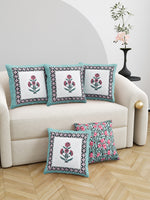 BLOCKS OF INDIA Hand Block Printed Cotton Linen Cushion Cover (40 x 40 cm) (Sea Green Motifs)