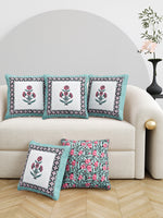 BLOCKS OF INDIA Hand Block Printed Cotton Linen Cushion Cover (40 x 40 cm) (Sea Green Motifs)