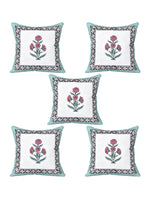 BLOCKS OF INDIA Hand Block Printed Cotton Linen Cushion Cover (40 x 40 cm) (Sea Green Motifs)