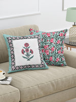 BLOCKS OF INDIA Hand Block Printed Cotton Linen Cushion Cover (40 x 40 cm) (Sea Green Motifs)