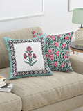 BLOCKS OF INDIA Hand Block Printed Cotton Linen Cushion Cover (40 x 40 cm) (Sea Green Motifs)