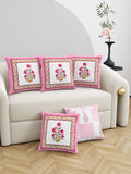 Rajasthani Handmade Hand Block Print Cotton Cushion Cover , Gulabi Rose (5 Pcs)