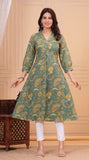 Cotton Hand Block Print A Line Kurta for Women (Green Jaal)