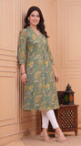 Cotton Hand Block Print A Line Kurta for Women (Green Jaal)