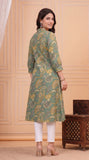 Cotton Hand Block Print A Line Kurta for Women (Green Jaal)