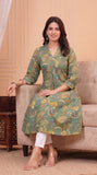 Cotton Hand Block Print A Line Kurta for Women (Green Jaal)