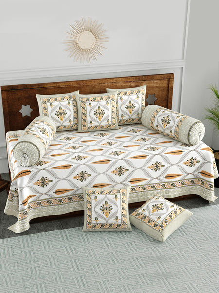 BLOCKS OF INDIA Diwan Set Cotton 8 Piece | Deewan Printed Bedsheet Sets for Living Room Hall (Set of 8 Piece, 1-Bed Sheet | 2-Bolster Cover | 5-Cushion Cover (Color 28)