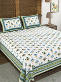 Hand Block Print Cotton King Size Bedsheet (Blue Rose)
