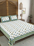 Hand Block Print Cotton King Size Bedsheet (Blue Rose)