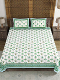 Hand Block Print Cotton King Size Bedsheet (Green Rose)