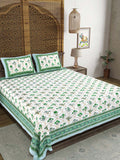 Hand Block Print Cotton King Size Bedsheet (Green Rose)