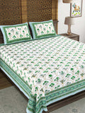 Hand Block Print Cotton King Size Bedsheet (Green Rose)