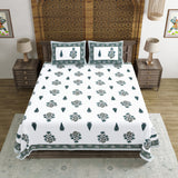 BLOCKS OF INDIA Hand Block Print Cotton King Size Bedsheet (Grey Rose)