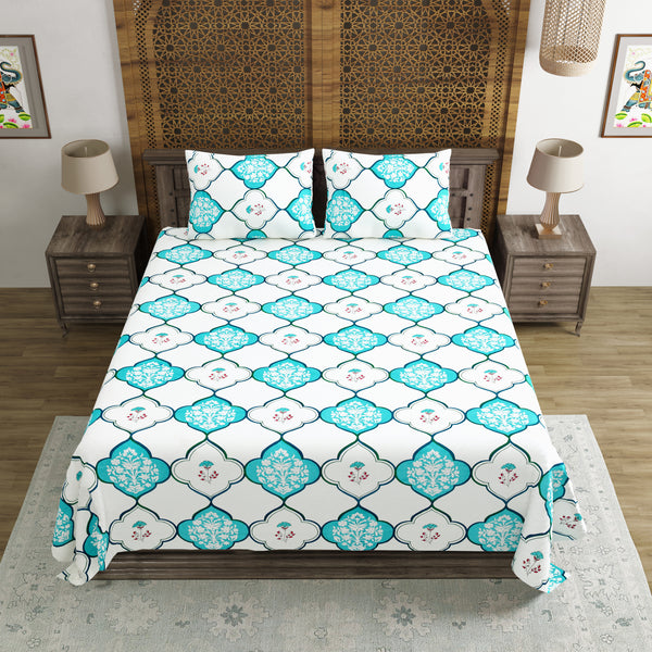 BLOCKS OF INDIA Hand Block Print Cotton King Size Bedsheet (Mughal Turq)