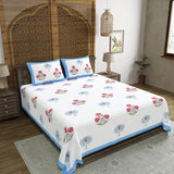 Hand Block Print Cotton King Size Bedsheet Open Blue Motif