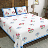 Hand Block Print Cotton King Size Bedsheet Open Blue Motif
