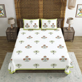 Hand Block Print Cotton King Size Bedsheet Open Green motif