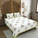 Hand Block Print Cotton King Size Bedsheet Open Green motif