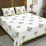 Hand Block Print Cotton King Size Bedsheet Open Green motif