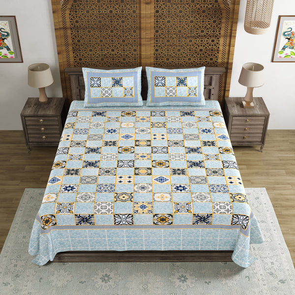 BLOCKS OF INDIA Hand Block Print Cotton King Size Bedsheet (225 X 270 CM) DOB_BED_AURA_BOX_BLUE