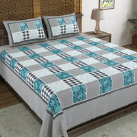BLOCKS OF INDIA Sanganeri Print Cotton Viscose Economy King Size Bedsheet (225 X 270 CM) DOB_BED_AURA_CHECK PAISLEY_BLUE