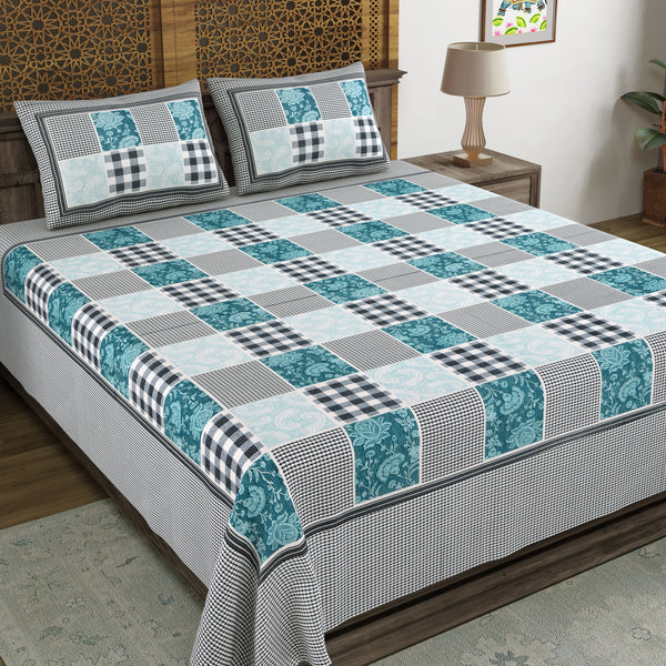 BLOCKS OF INDIA Hand Block Print Cotton King Size Bedsheet (225 X 270 CM) DOB_BED_AURA_CHECK PAISLEY_BLUE