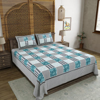 BLOCKS OF INDIA Hand Block Print Cotton King Size Bedsheet (225 X 270 CM) DOB_BED_AURA_CHECK PAISLEY_BLUE