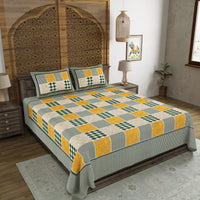 BLOCKS OF INDIA Hand Block Print Cotton King Size Bedsheet (225 X 270 CM) DOB_BED_AURA_CHECK PAISLEY_GREEN