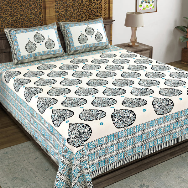 BLOCKS OF INDIA Hand Block Print Cotton King Size Bedsheet (225 X 270 CM) DOB_BED_AURA_PAAN_TURQUOISE