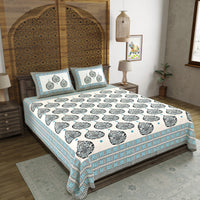 BLOCKS OF INDIA Hand Block Print Cotton King Size Bedsheet (225 X 270 CM) DOB_BED_AURA_PAAN_TURQUOISE