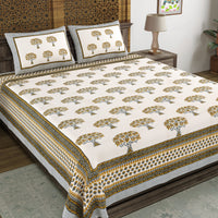 BLOCKS OF INDIA Sanganeri Print Cotton Viscose Economy King Size Bedsheet (225 X 270 CM) DOB_BED_AURA_TREE_YELLOW