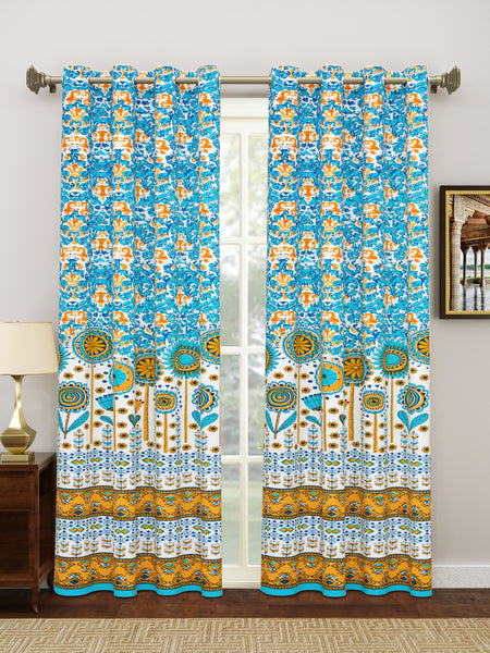 BLOCKS OF INDIA Hand Block Printed Cotton Daylight Curtain with Eyelets(Set of 2 Curtains) (Flower 214 cm / Door)