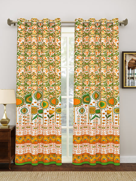 BLOCKS OF INDIA Hand Block Printed Cotton Daylight Curtains with Eyelets(Set of 2 Curtains) (Flower 214 cm/ Door)