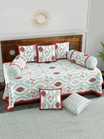 BLOCKS OF INDIA Diwan Set Cotton 8 Piece | Deewan Printed Bedsheet Sets for Living Room Hall (Set of 8 Piece, 1-Bed Sheet | 2-Bolster Cover | 5-Cushion Cover (Brick Motif)