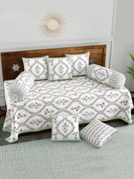 BLOCKS OF INDIA Diwan Set Cotton 8 Piece | Deewan Printed Bedsheet Sets for Living Room Hall (Set of 8 Piece, 1-Bed Sheet | 2-Bolster Cover | 5-Cushion Cover (Green Bel)