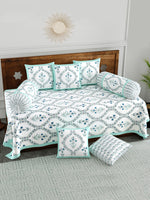 BLOCKS OF INDIA Diwan Set Cotton 8 Piece | Deewan Printed Bedsheet Sets for Living Room Hall (Set of 8 Piece, 1-Bed Sheet | 2-Bolster Cover | 5-Cushion Cover (Turquoise Bel)