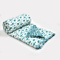 BLOCKS OF INDIA KIDS COTTON HAND BLOCK PRINTED SOFT QUILT/RAJAI/BLANKET (40 INCH X 60 INCH) (TURQ ELEPHANT)