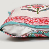 BLOCKS OF INDIA Hand Block Printed Cotton Linen Cushion Cover (40 x 40 cm) (Green Pink Motifs)