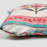 BLOCKS OF INDIA Hand Block Printed Cotton Linen Cushion Cover (16 x 16 inches) (Green Pink Motifs)