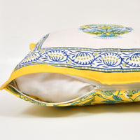 BLOCKS OF INDIA Hand Block Printed Cotton Linen Cushion Cover (40 x 40 cm) (Blue Yellow Motifs)