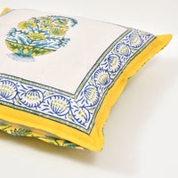 BLOCKS OF INDIA Hand Block Printed Cotton Linen Cushion Cover (40 x 40 cm) (Blue Yellow Motifs)