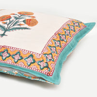 BLOCKS OF INDIA Hand Block Printed Cotton Linen Cushion Cover (40 x 40 cm) (Green Yellow Motifs)