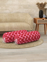 Rajasthani Handmade Hand Block Print Cotton Bolster Cover , Pink Flower (2 Pcs)