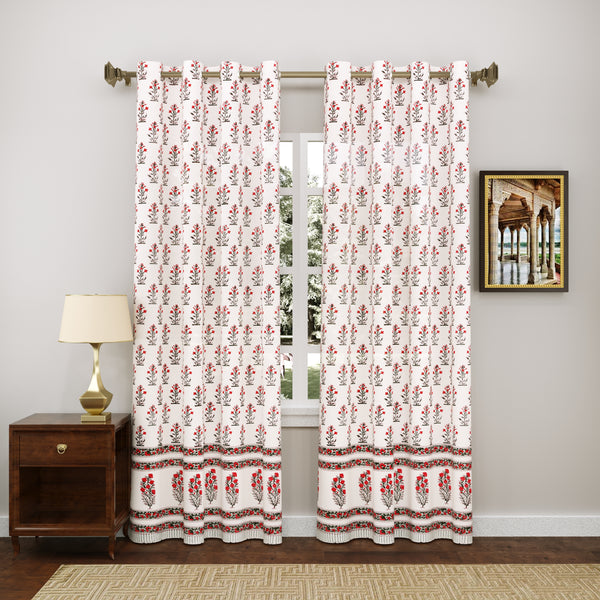 BLOCKS OF INDIA Hand Block Printed Cotton Daylight Curtain with Eyelets(Set of 2 Curtains) (Flower 214 cm / Door)