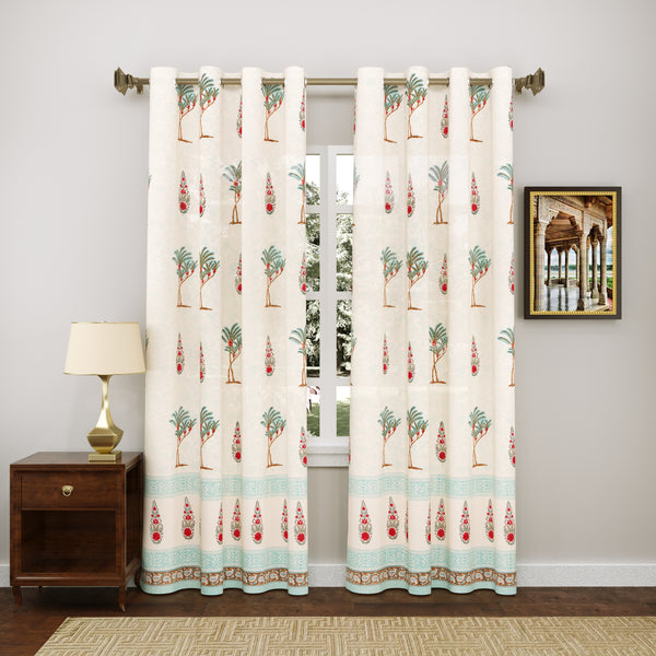 BLOCKS OF INDIA Hand Block Printed Cotton Daylight Curtains with Eyelets(Set of 2 Curtains) (Flower 1, 7 FEET / Door)