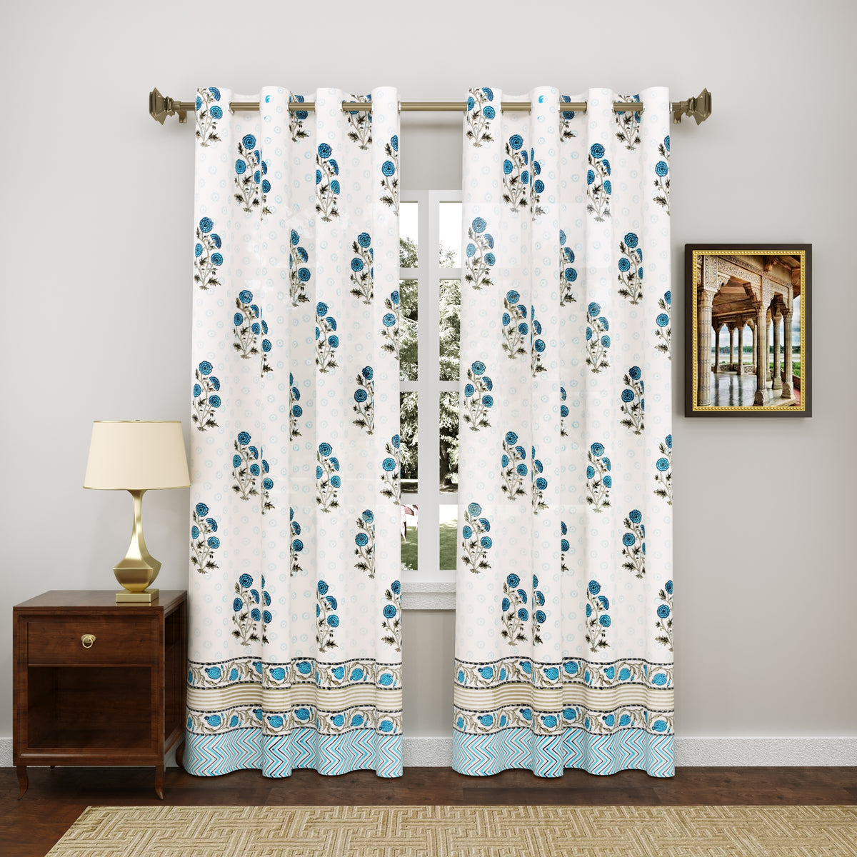 Hand Block Printed Cotton Daylight Curtain with Eyelets(Set of 2 Curta ...